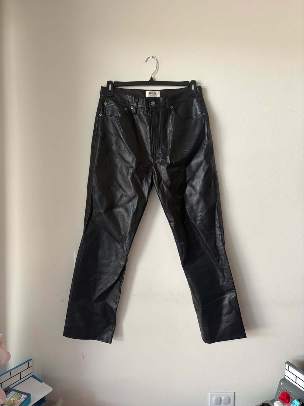 Agolde Black Leather Pants with Button Front